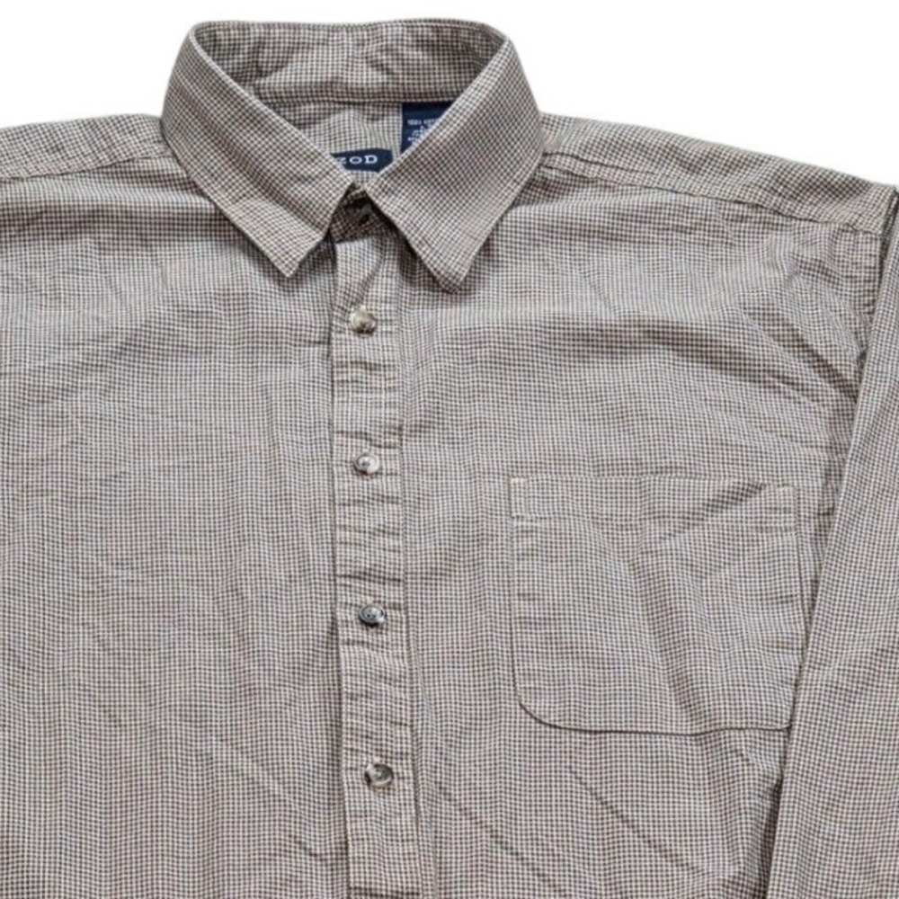 IZOD Mens Long Sleeve Button Down Shirt Checkered Brown White Size LT